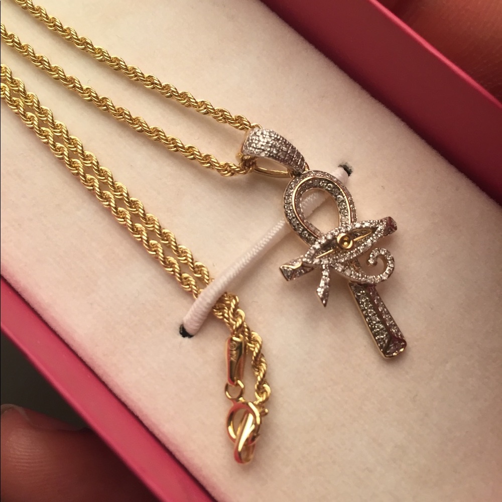 10K Gold Diamond Anhk w/ 10K Rope Chain
